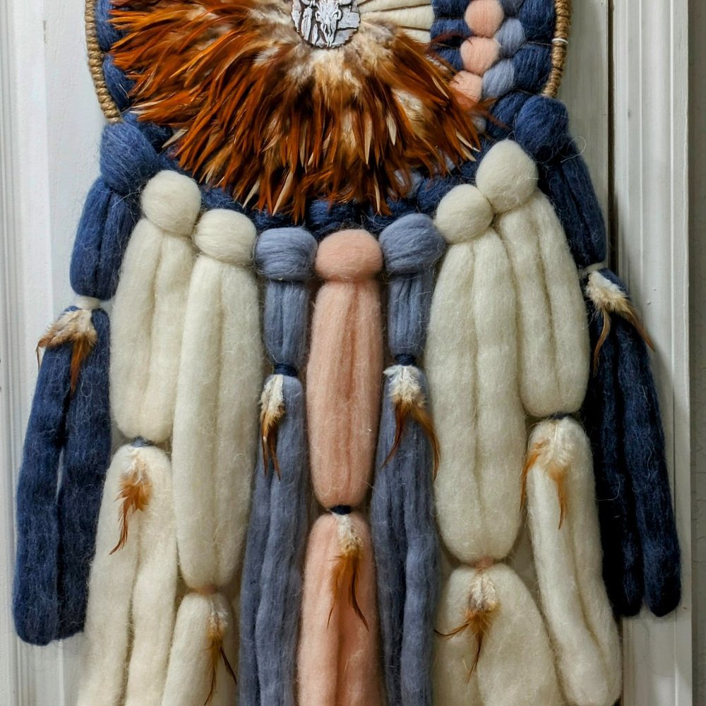 Ntv American Wool Dream Catcher Wolf Feather Mandala 34" Boho Hippie Wall Decor